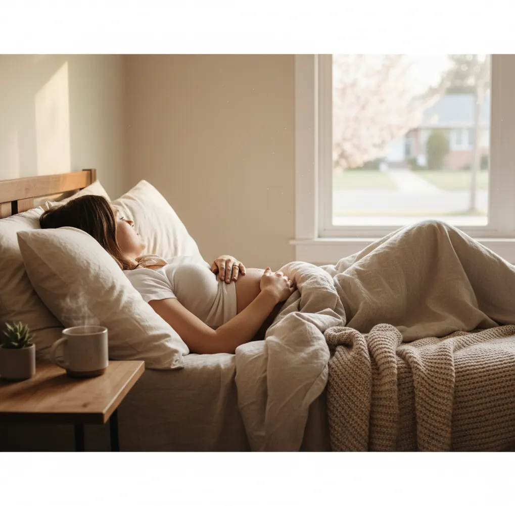 Pregnant person resting with hand on belly, morning light, calm bedroom mood