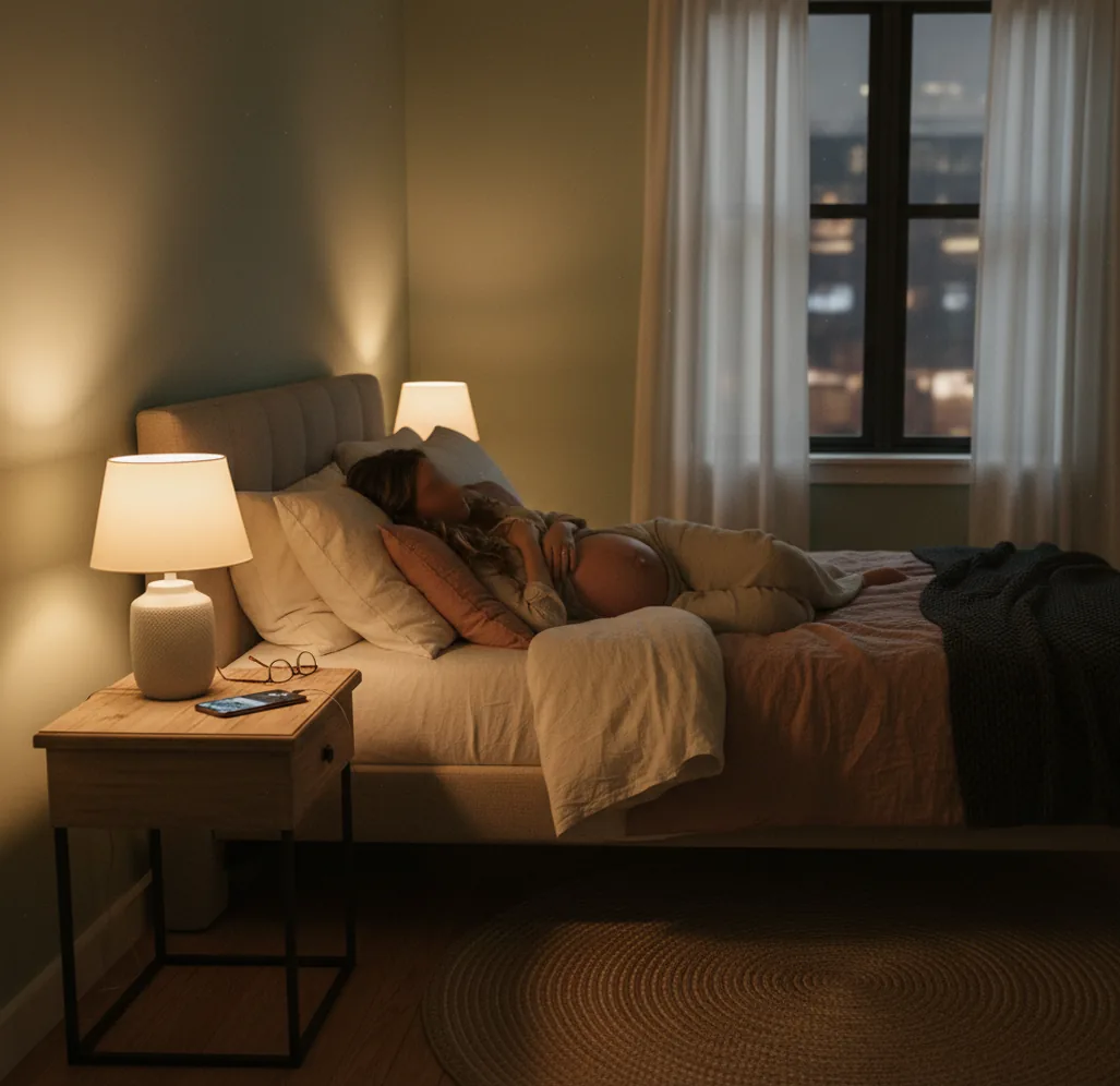 Pregnant woman resting on side at night with phone playing calming meditation audio
