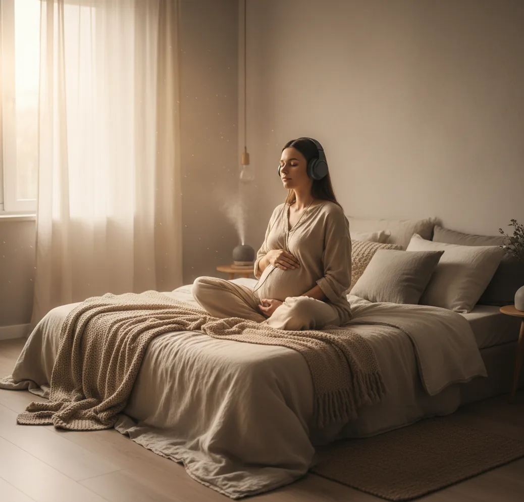 Pregnant person resting with headphones, practicing calm labor visualization in soft morning light