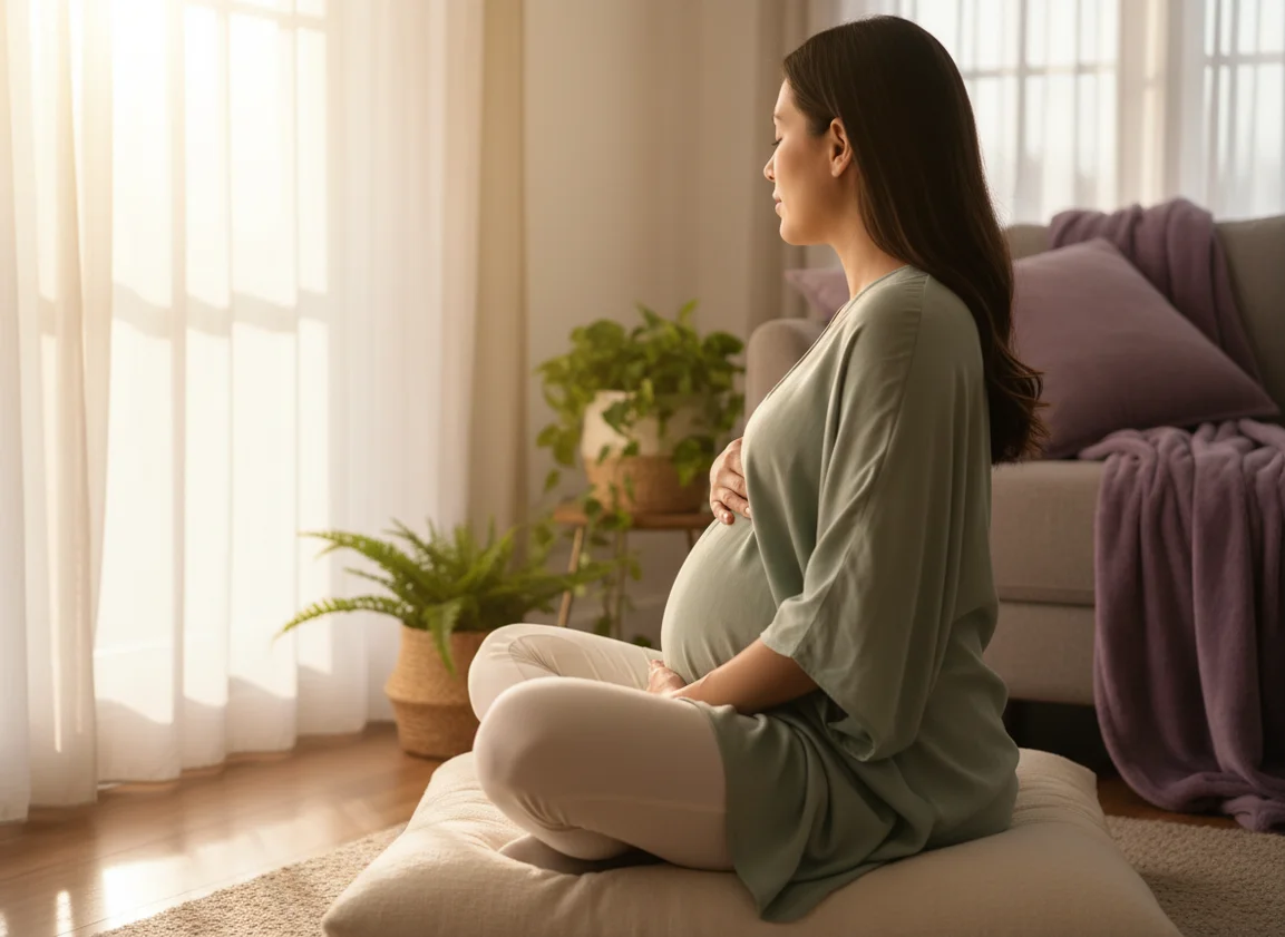 Pregnant woman from behind practicing breathing exercises by a sunlit window in a calm, natural-toned room