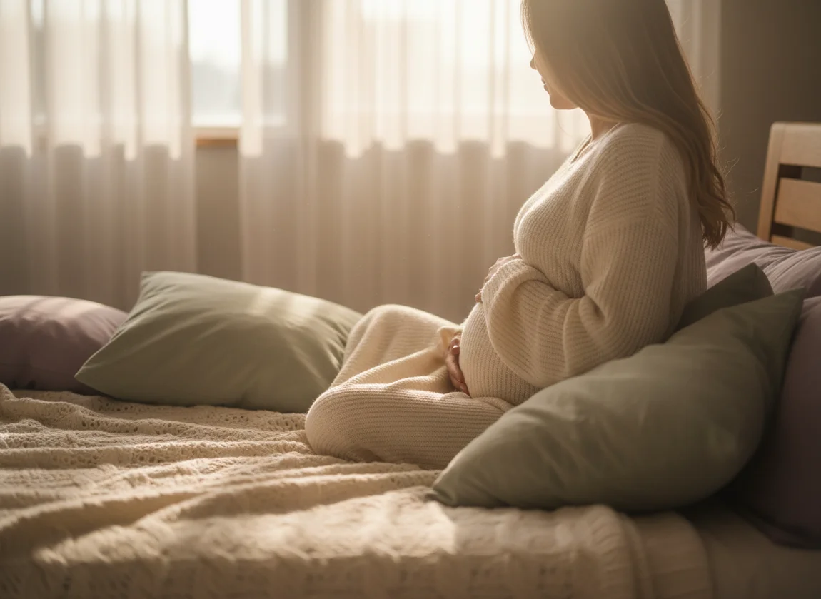 Pregnant woman meditating peacefully on bed in warm morning light, hands on belly, serene atmosphere