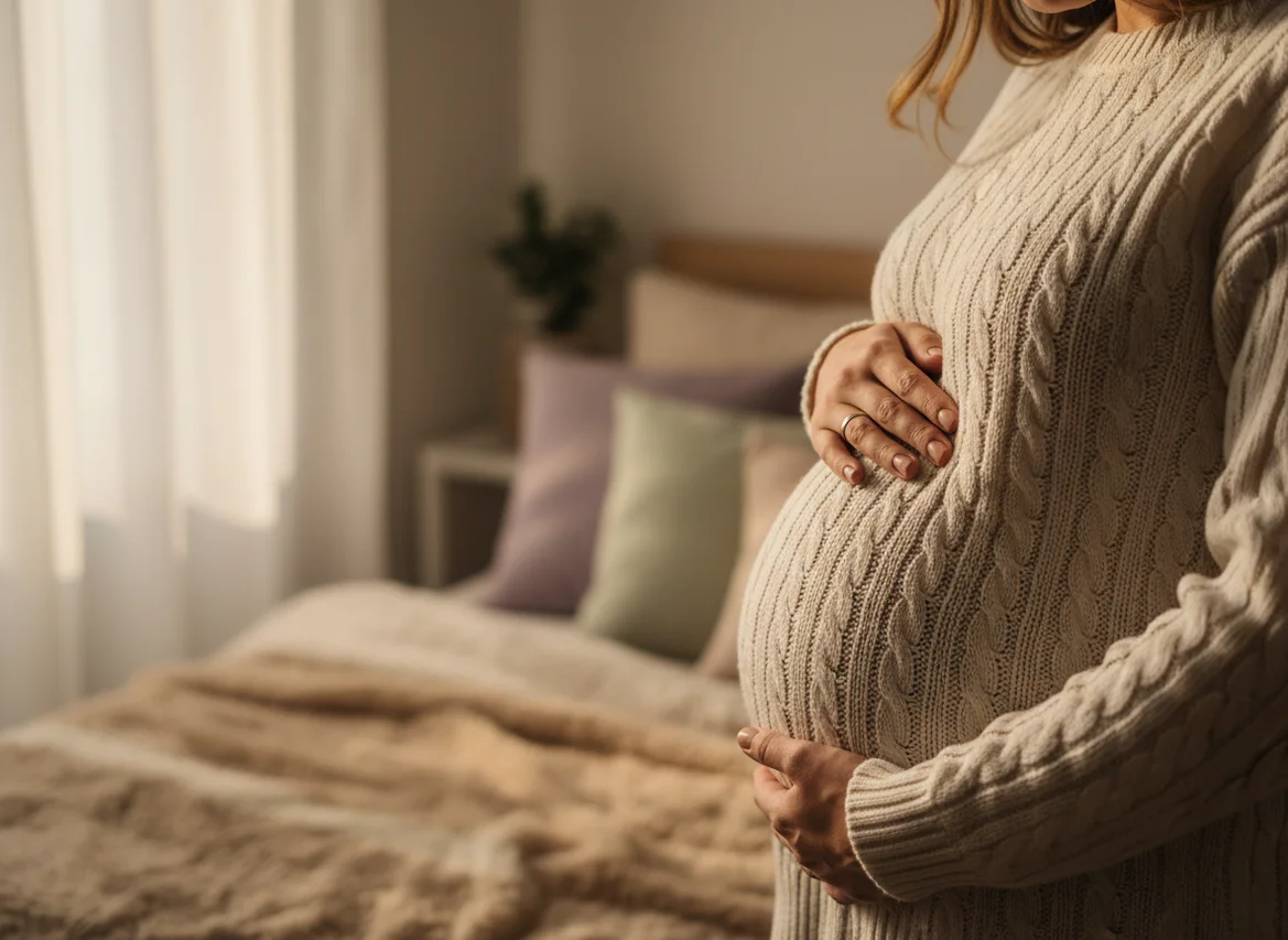 Pregnant woman's hands tenderly resting on her belly in soft morning light, peaceful and contemplative moment