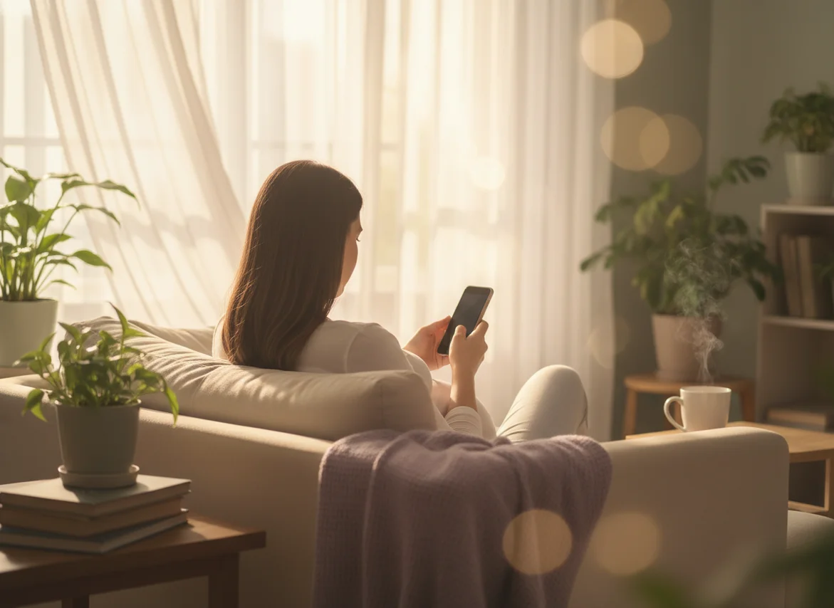 Pregnant woman from behind relaxing on couch with smartphone in warm sunlit room, finding calm