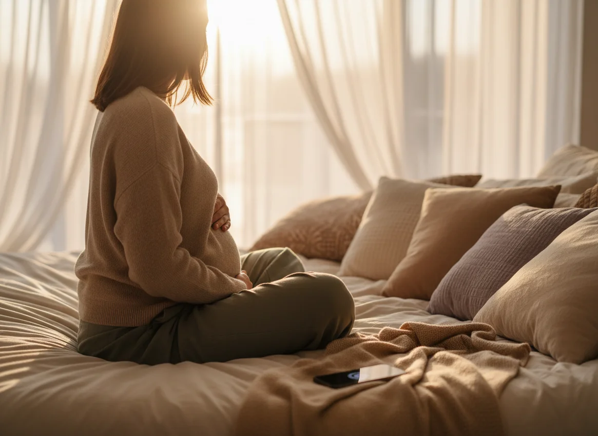 Pregnant woman meditating peacefully by window in soft morning light with hand on belly, viewed from behind