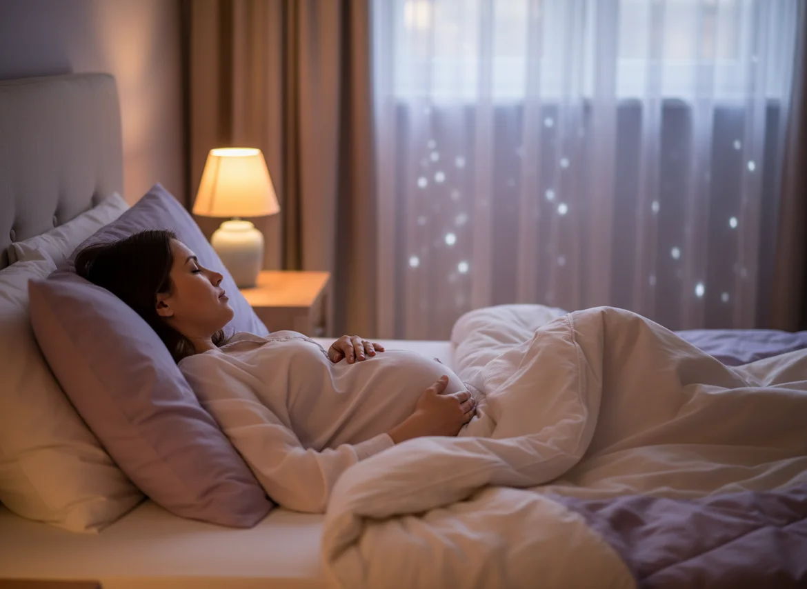 Pregnant woman resting peacefully on her side in bed at twilight with soft lavender bedding and warm lighting