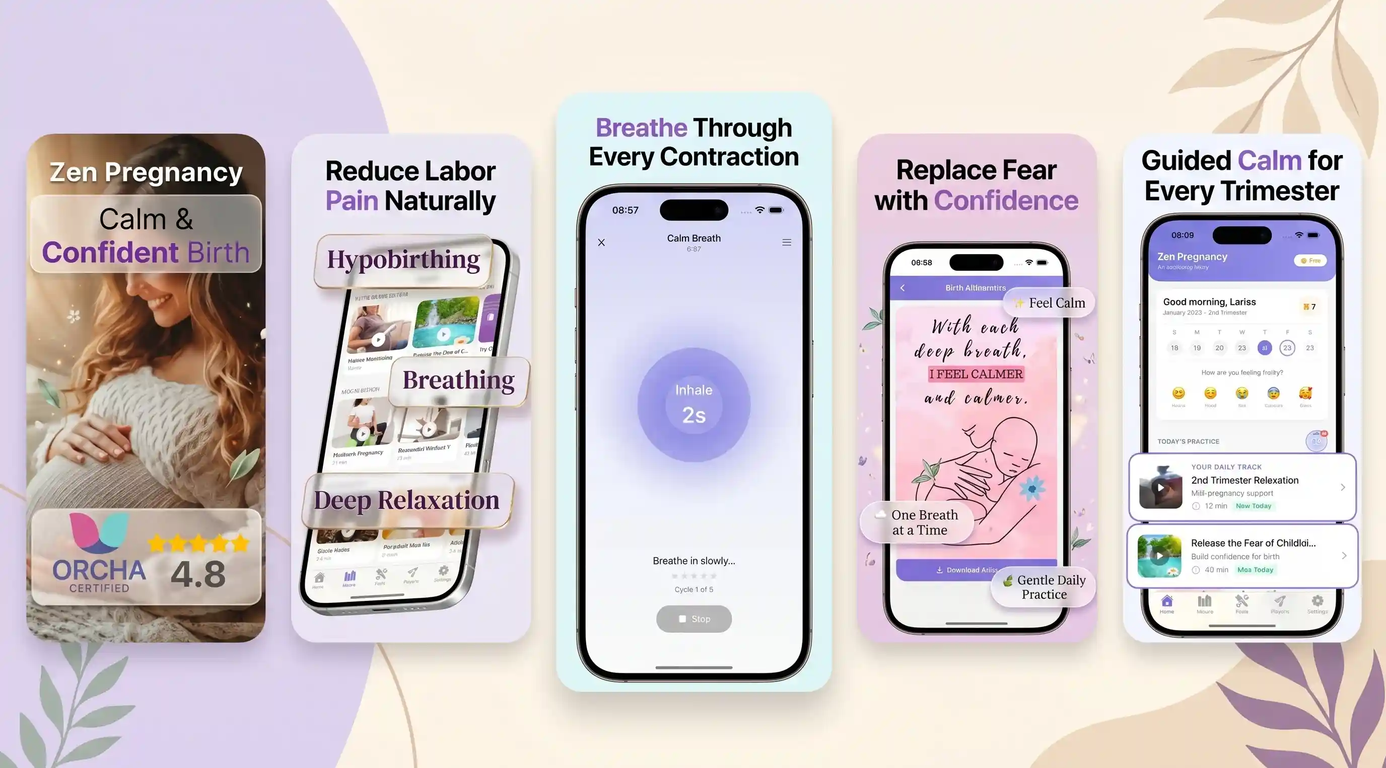 Zen Pregnancy hypnobirthing and pregnancy meditation app screens for iPhone and Android